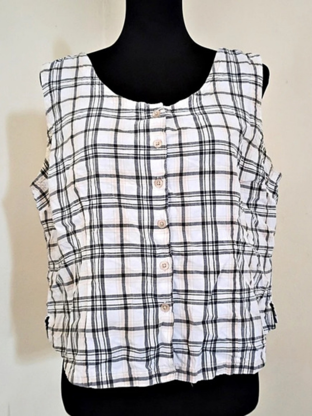 Faded Glory Plaid Cotton Top in White & Black Size XL Like New